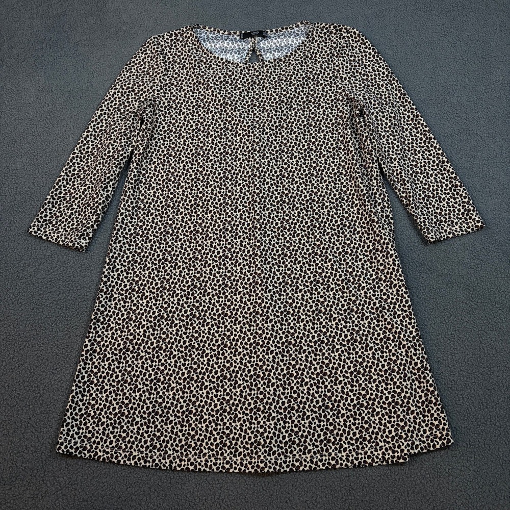 MNG Mango Dress Womens 4 Brown Leopard Print Shift Mini Keyhole Back 3/4 Sleeve